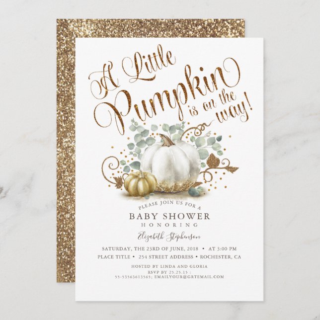 Little Pumpkin Gold Glitzer Fall Baby Shower Einladung (Vorne/Hinten)