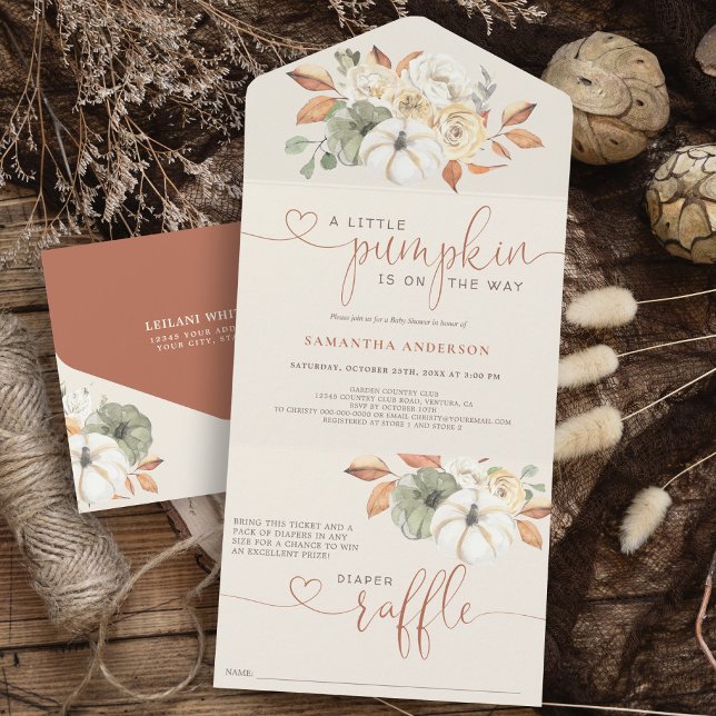 Little Pumpkin Herbst Windel Raffle All In One Einladung (Rustic Little Pumpkin on the way all in one invitation with diaper raffle attached baby shower.)