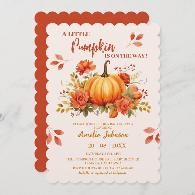 Little Pumpkin ist auf dem Weg Herbst Baby Shower Einladung (Vorne/Hinten)
