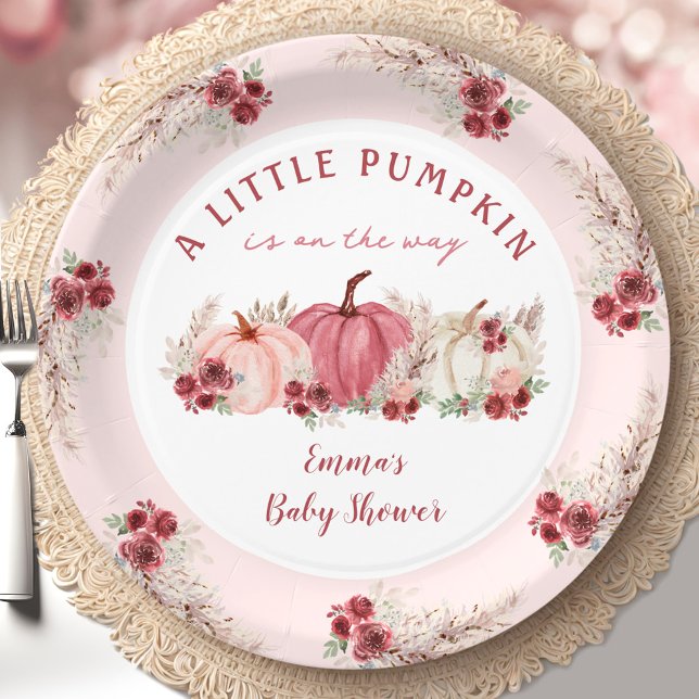 Little Pumpkin Marsala Fall Girl Babydusche Pappteller (Little Pumpkin Marsala Fall Girl Baby Shower Pink Paper Plates)