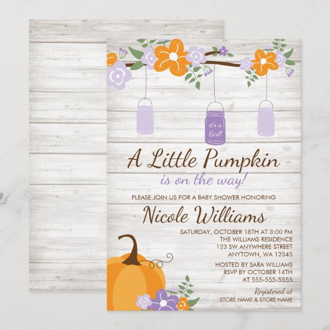 Little Pumpkin Mason Jar Lavender Girl Baby Shower Einladung (Vorne/Hinten)
