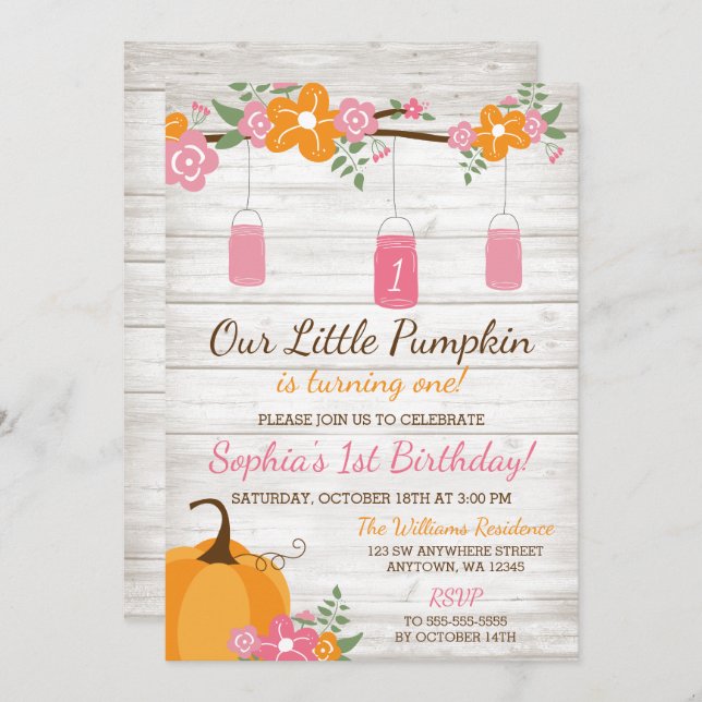 Little Pumpkin Mason Jars Fall Girl Erster Geburts Einladung (Vorne/Hinten)