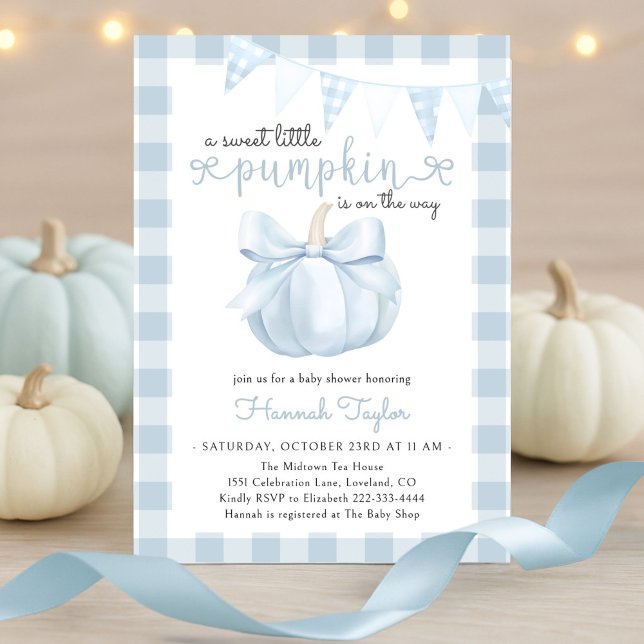 Little Pumpkin on Way Blue Bow Baby Shower Einladung (Von Creator hochgeladen)
