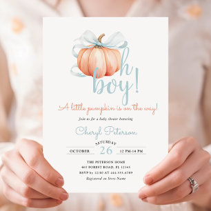 Little Pumpkin on Way Blue Bow Boy Baby Shower Einladung