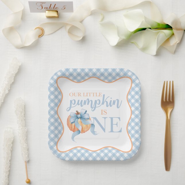 Little Pumpkin Pastellblauer Bogen kariert 1. Gebu Pappteller (Hochzeit)