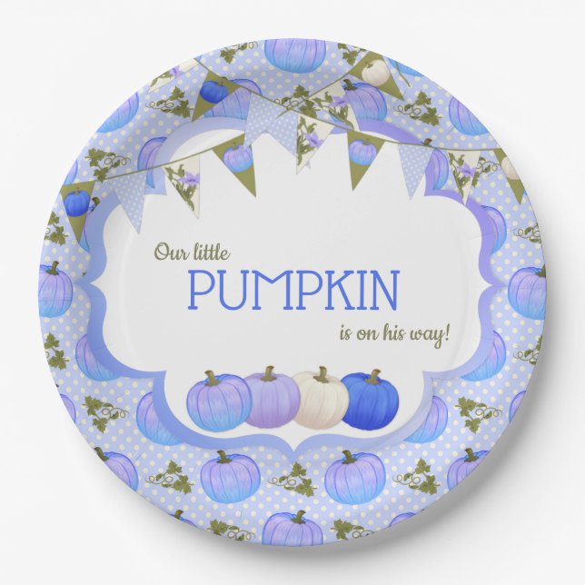 Little Pumpkin Patch Boy Baby Shower Blue Lavender Pappteller (Vorderseite)
