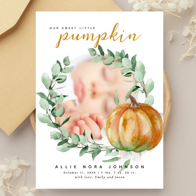 Little Pumpkin Photo Fall Greenery Baby Shower  Dankeskarte (Von Creator hochgeladen)