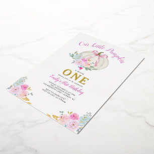 Little Pumpkin Pink Bow Girls 1. Geburtstag Gold Folieneinladung