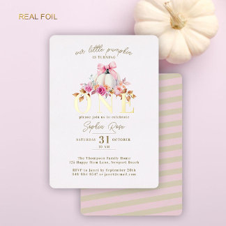 Little Pumpkin Pink Bow Rose 1. Geburtstag Gold Folieneinladung