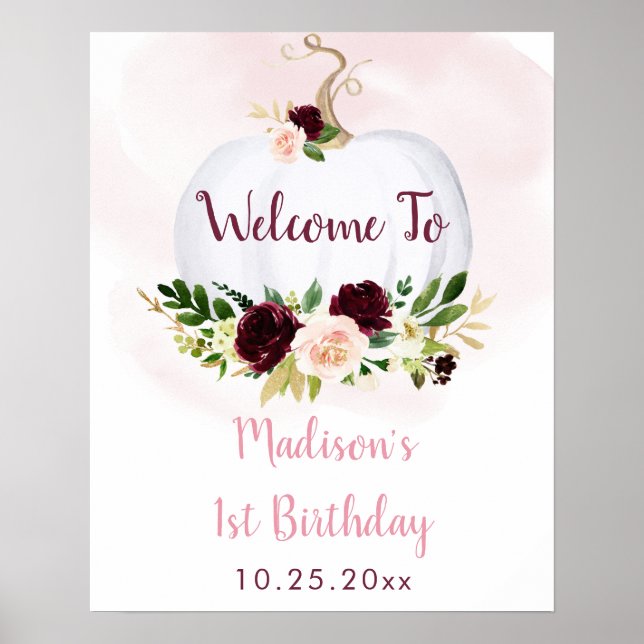 Little Pumpkin Pink Burgundy Geburtstag Willkommen Poster (Vorne)