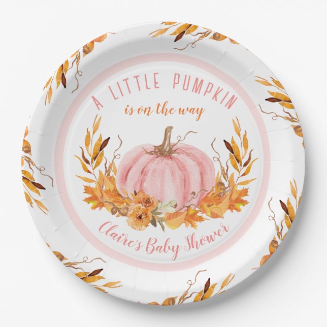 Little Pumpkin Pink Fall Girl Babydusche Pappteller (Vorderseite)