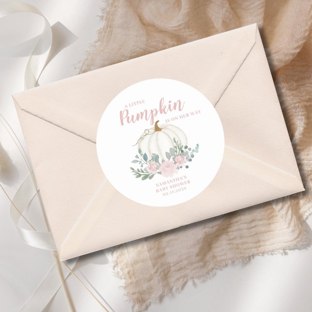 Little Pumpkin Pink Floral Baby Dusche Runder Aufkleber (Von Creator hochgeladen)
