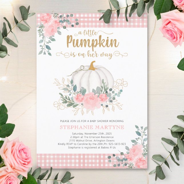Little Pumpkin Pink Floral Gingham Baby Dusche Einladung (Von Creator hochgeladen)