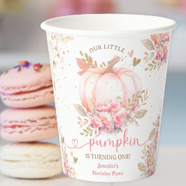 Little Pumpkin Pink Floral Girl Fall 1. Geburtstag Pappbecher
