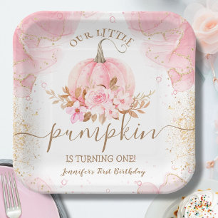Little Pumpkin Pink Floral Girl Fall 1. Geburtstag Pappteller
