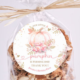 Little Pumpkin Pink Floral Girl Fall 1. Geburtstag Runder Aufkleber