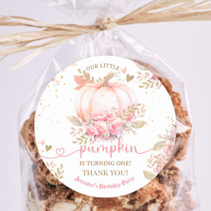 Little Pumpkin Pink Floral Girl Fall 1. Geburtstag Runder Aufkleber