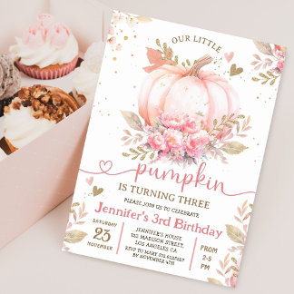 Little Pumpkin Pink Floral Girl Fall 3. Geburtstag Einladung