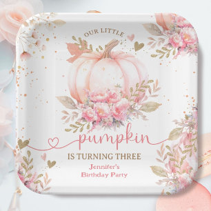 Little Pumpkin Pink Floral Girl Fall 3. Geburtstag Pappteller