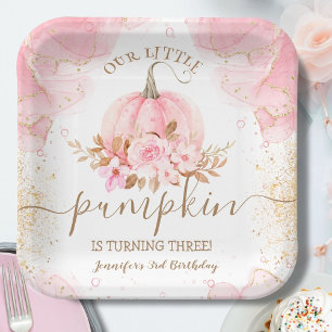 Little Pumpkin Pink Floral Girl Fall 3. Geburtstag Pappteller