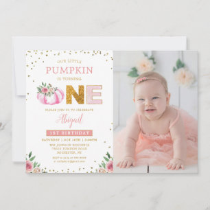 Little Pumpkin Pink Gold Floral 1. Geburtstag Foto Einladung