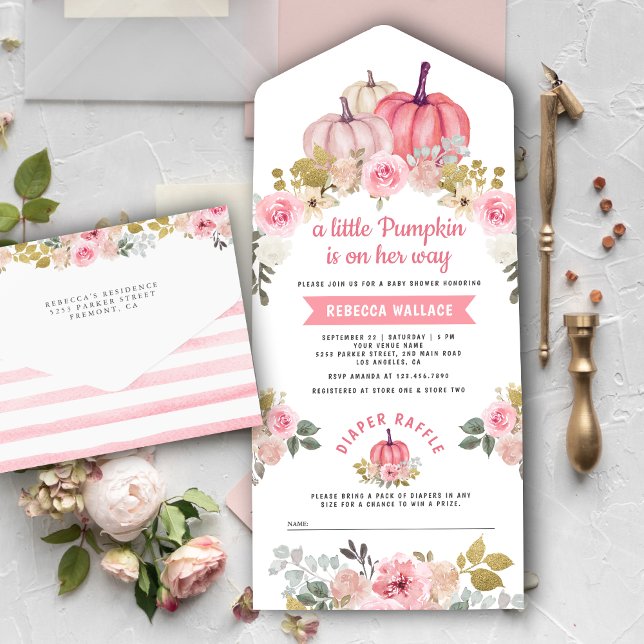 Little Pumpkin Pink Gold Floral Baby Dusche All In One Einladung (Von Creator hochgeladen)