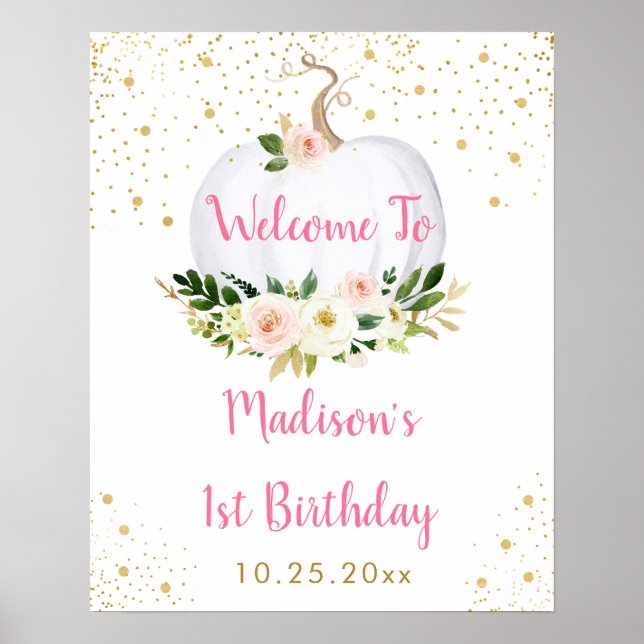 Little Pumpkin Pink Gold Geburtstag Willkommen Poster (Vorne)