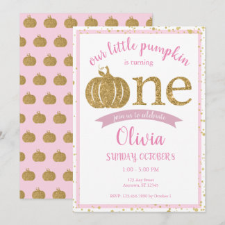 Little Pumpkin Pink Gold Glitzer Erster Geburtstag Einladung