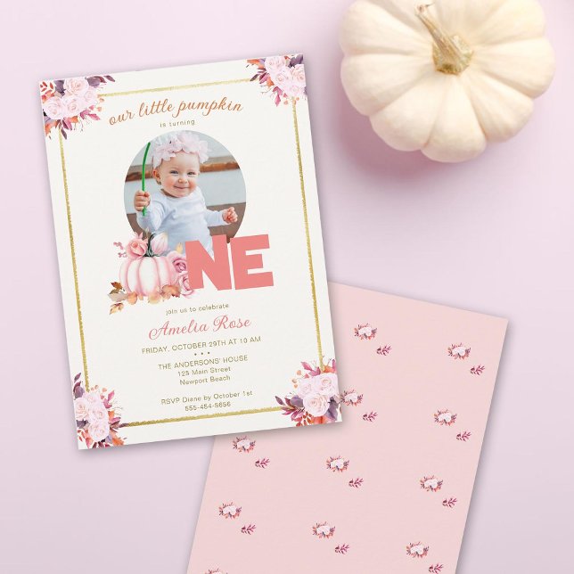 Little Pumpkin Pink Gold Herbstlaube 1. Geburtstag Einladung (our little pumpkin is turning one girl birthday party photo invitation elegant floral gold frame )