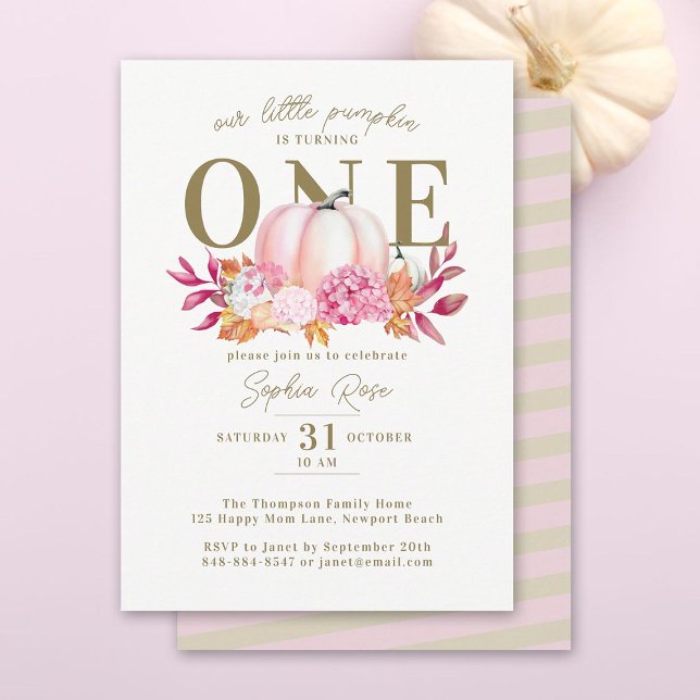 Little Pumpkin Pink Hydrangea 1. Elegant Geburtsta Einladung (our little pumpkin turning one girl birthday party invitation pink hydrangeas watercolor fall leaves)