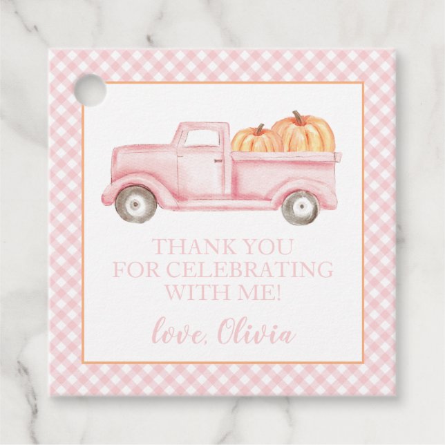 Little Pumpkin Pink LKW kariert 1. Geburtstag Geschenkanhänger (Vorderseite)