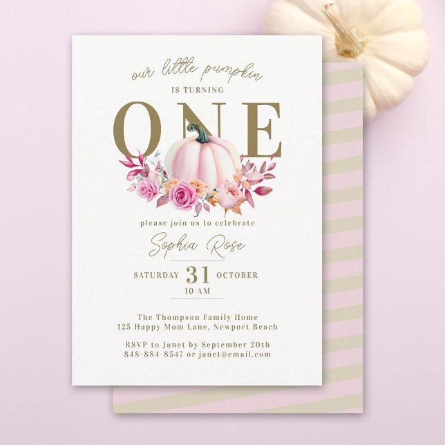 Little Pumpkin Pink Roses 1. Elegant Geburtstag Einladung (little pumpkin turning one girl first birthday party invitation pink roses watercolor elegant boho)