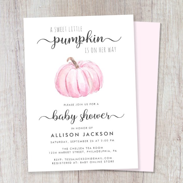 Little Pumpkin Pink Wasserfarbe Kindermädchen Dusc Einladung (Celebrate the upcoming arrival of your sweet little autumn baby with a pumpkin-themed baby shower)