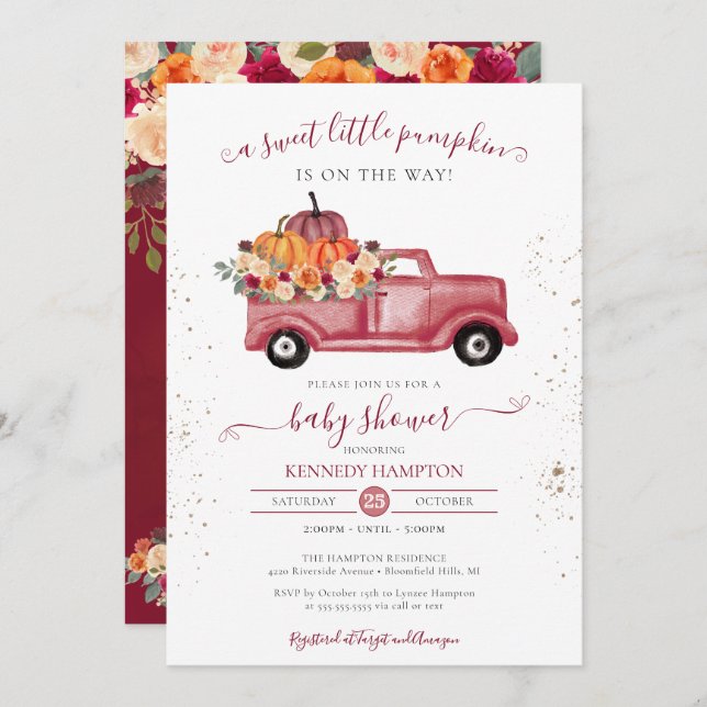 Little Pumpkin Red Fall Lieferwagen Truck Baby Sho Einladung (Vorne/Hinten)
