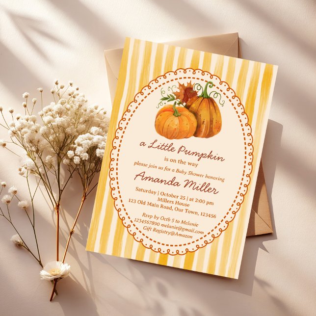 Little pumpkin retro stripes baby shower einladung (Little pumpkin hand drawn retro yellow stripes cute fall baby shower invitation cards template)