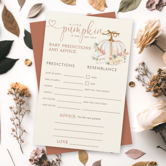 Little Pumpkin Rustic Baby Predictions Ratschläge (A soon-to-be mom will love this watercolor autumn pumpkin floral design baby prediction and advice.)