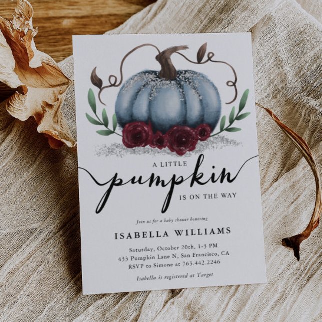 Little Pumpkin Rustic Blue Silver Baby Dusche Einladung (Von Creator hochgeladen)
