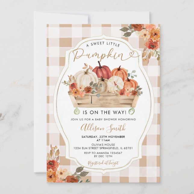 Little Pumpkin Rustic Floral Gingham Baby Shower Einladung (Vorderseite)