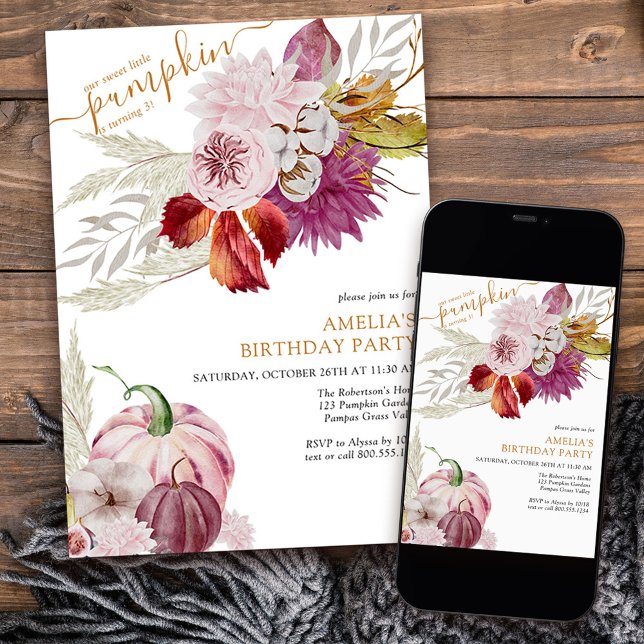 Little Pumpkin Rustic Floral Girls Geburtstag Einladung (Little Pumpkin Birthday invitation from my Little Pumpkin collection
)
