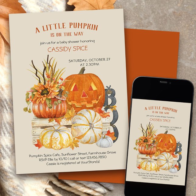 Little Pumpkin Rustic Halloween Baby Dusche Einladung (Little Pumpkin on the Way Halloween themed baby shower invitation)