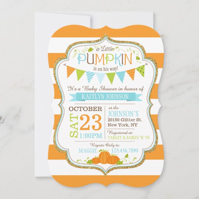 Little Pumpkin Stripe Print Baby Dusche Einladung (Vorderseite)