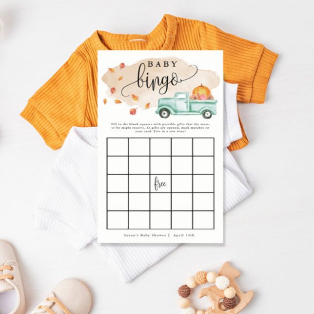 Little Pumpkin Truck Baby Bingo Paper Game Card Flyer (Have some fun at your shower with a game of baby gift bingo!)
