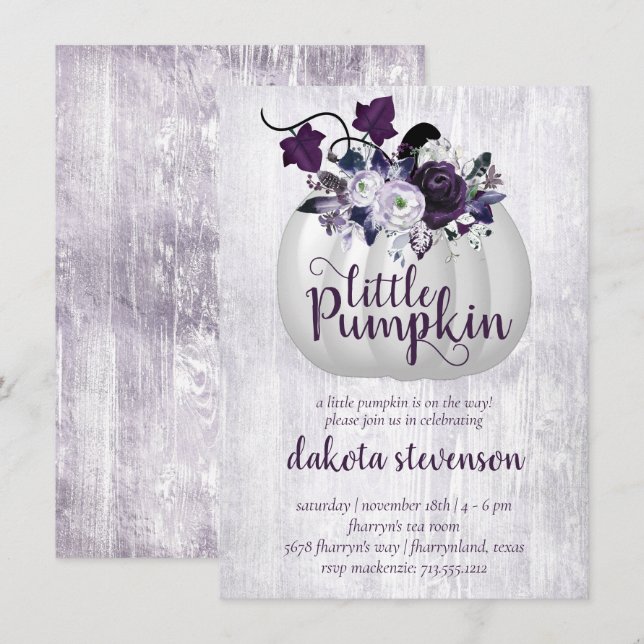 Little Pumpkin | Violet Lila Rustikale Babydusche Einladung (Vorne/Hinten)