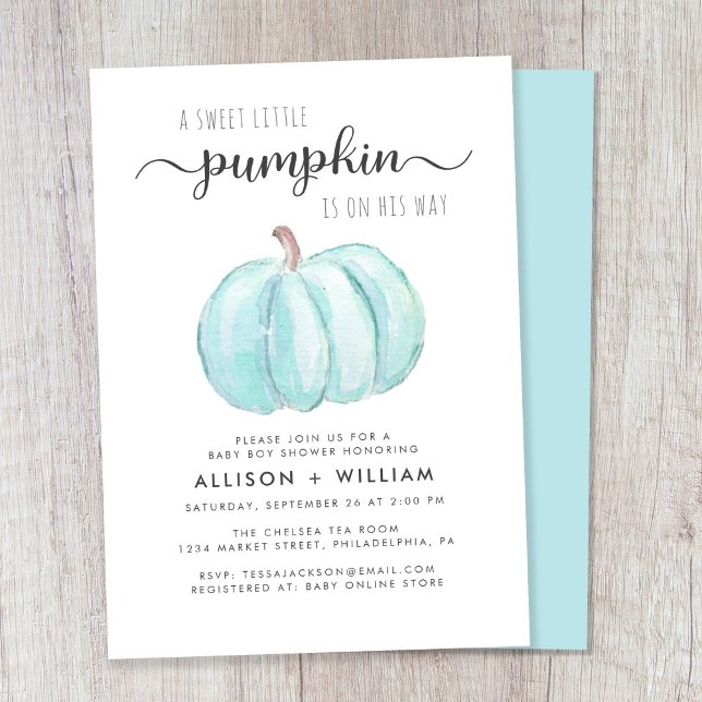 Little Pumpkin Watercolor Baby Boy Couples Dusche Einladung (Celebrate the upcoming arrival of your autumn baby boy with a pumpkin-themed baby shower)