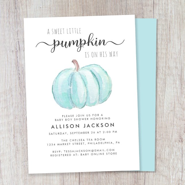Little Pumpkin Watercolor Baby Boy Dusche Einladung (Celebrate the upcoming arrival of your autumn baby boy with a pumpkin-themed baby shower)
