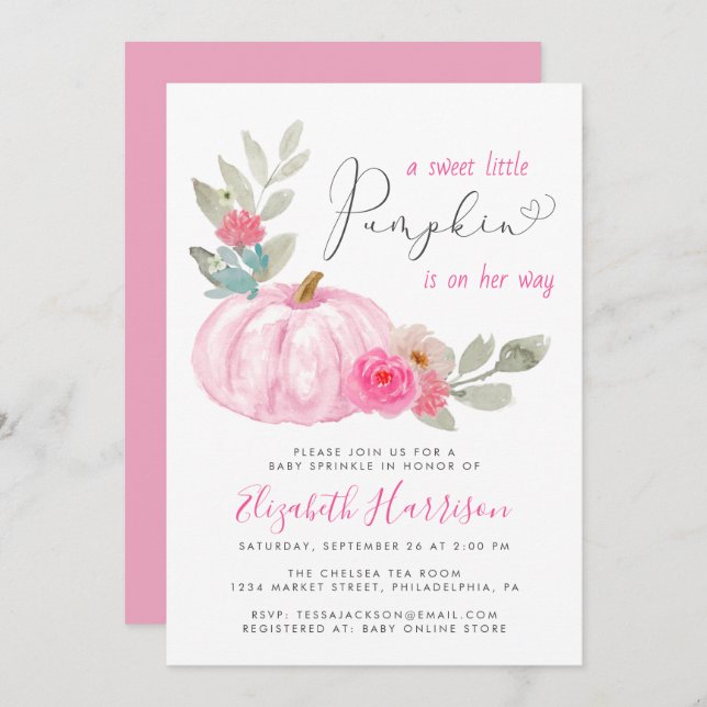 Little Pumpkin Watercolor Baby Girl Sprinkle Einladung (Vorne/Hinten)