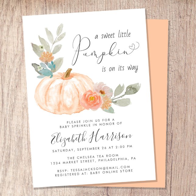 Little Pumpkin Watercolor Baby Sprinkle Einladung (Celebrate the upcoming arrival of your sweet little autumn baby with a pumpkin-themed baby sprinkle)