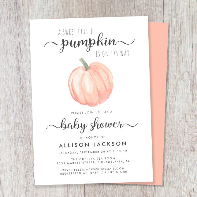Little Pumpkin Watercolor Babydusche Einladung (Celebrate the upcoming arrival of your autumn baby with a pumpkin-themed baby shower)