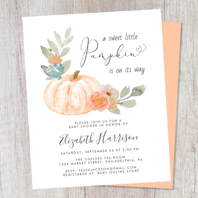 Little Pumpkin Watercolor Kinderdusche Einladung (Celebrate the upcoming arrival of your sweet little autumn baby with a pumpkin-themed baby shower)