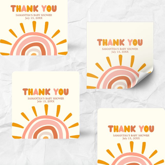 Little Ray of Sunshine Boho Sun Baby Shower Quadratischer Aufkleber (Little Ray of Sunshine Retro Baby Shower Square Sticker)